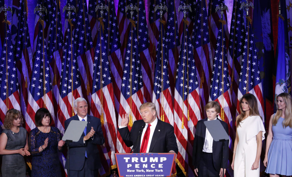 President-elect Donald Trump delivers his acceptance speech at the New York Hilton Midtown in Manhattan in the early morning hours Nov. 9. (CNS photo/Shawn Thew, EPA) See ELECTION-TRUMP-REACTION Nov. 9, 2016.